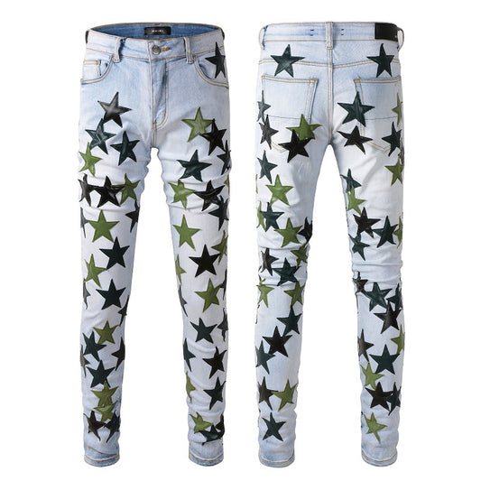 "Shooting Star"(Olive Green) Denim Ripped Jeans- Men's