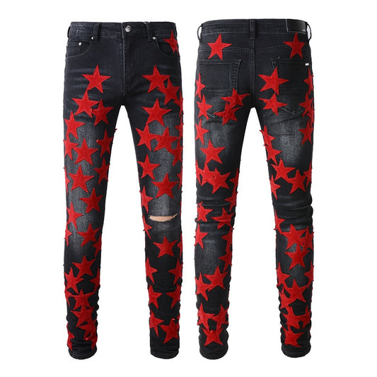 "Shooting Star"(Red) Black Denim Ripped Jeans- Men's