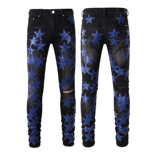 "Shooting Star"(Blue) Black Denim Ripped Jeans- Men's