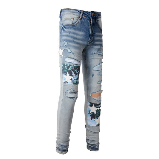 "Bahama Star" Light Denim Ripped Jeans-Men's