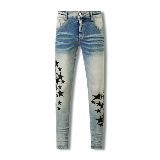 "Shooting Star"(Black Star) Light Denim Ripped Jeans- Men's