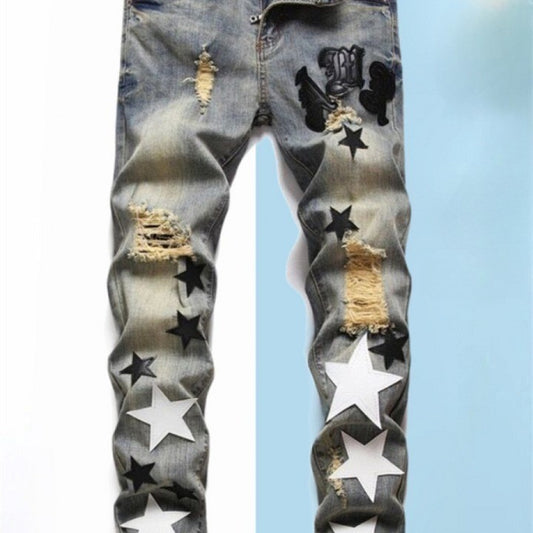 "Shooting Star"(Black & White Star) Light Denim Ripped Jeans- Men's