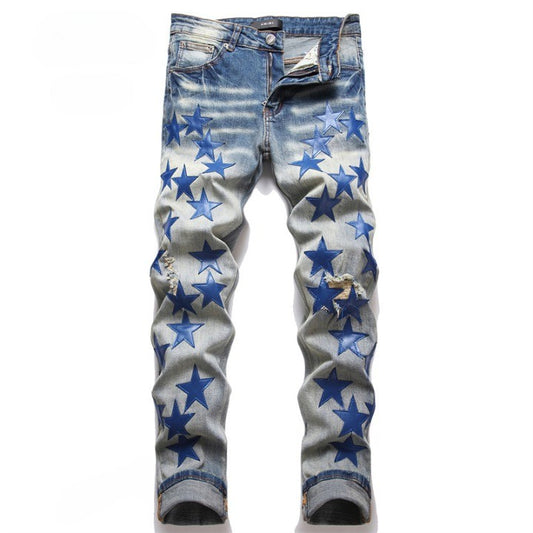 "Shooting Star" (Blue Star) Light Denim Ripped Jeans- Men's